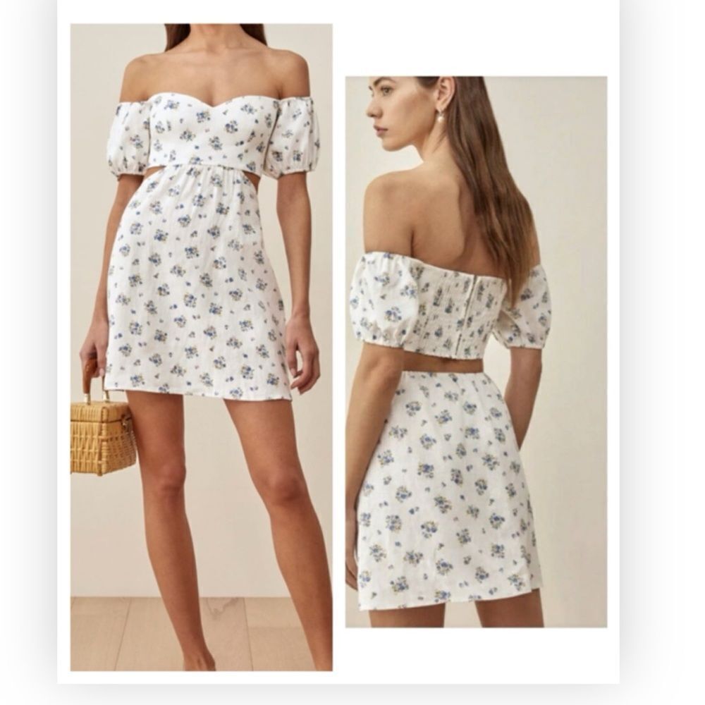 Reformation Emilia Linen White Off-The-Shoulder Zip Smocked Cutout 10 NWT $218
